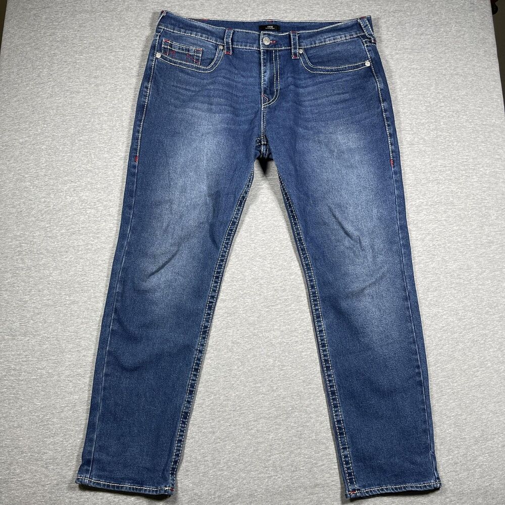 True Religion Geno Pants Mens 38 Blue Denim Relaxed Slim Embroidered
